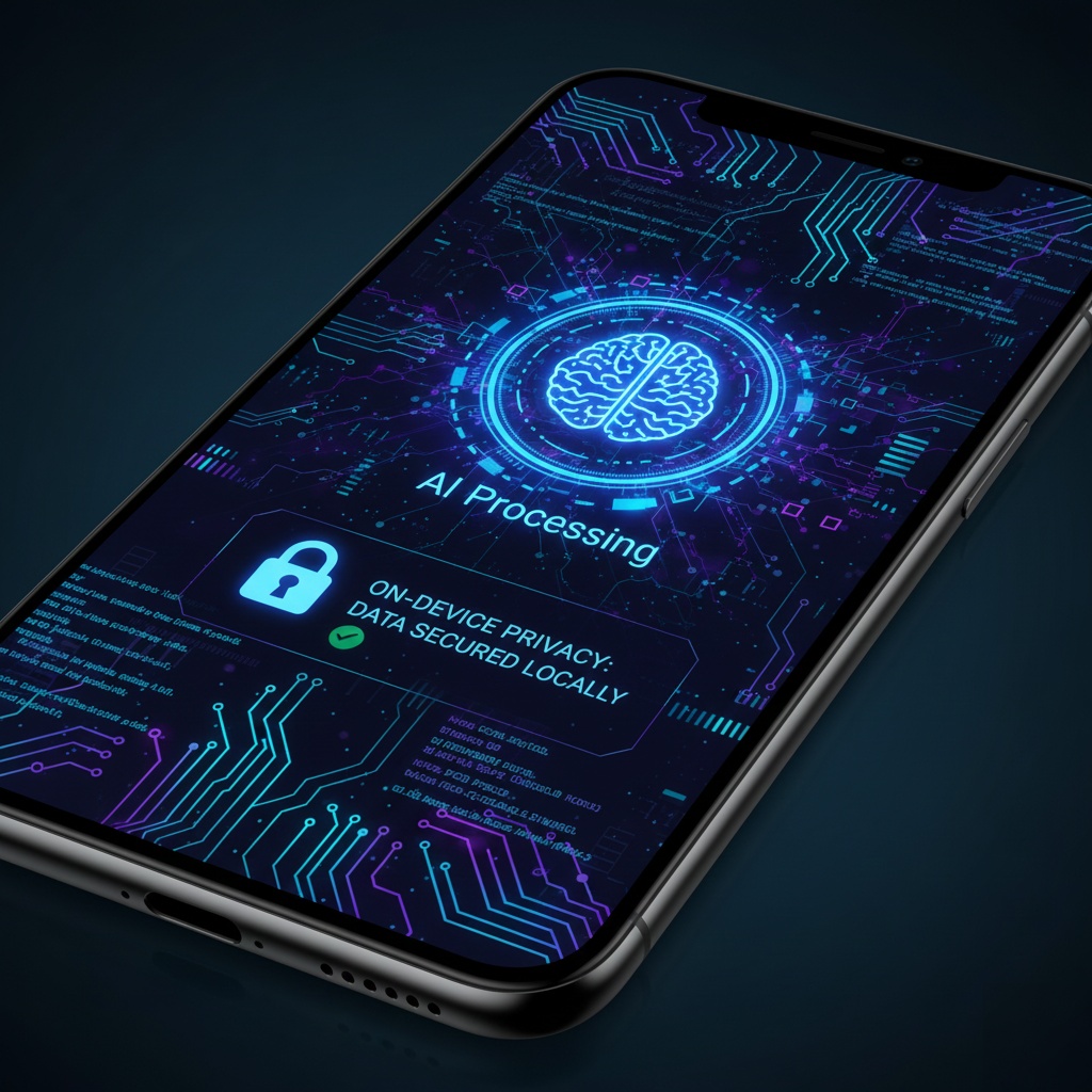 Smartphone screen showing on-device AI processing with neural network patterns and privacy-focused features