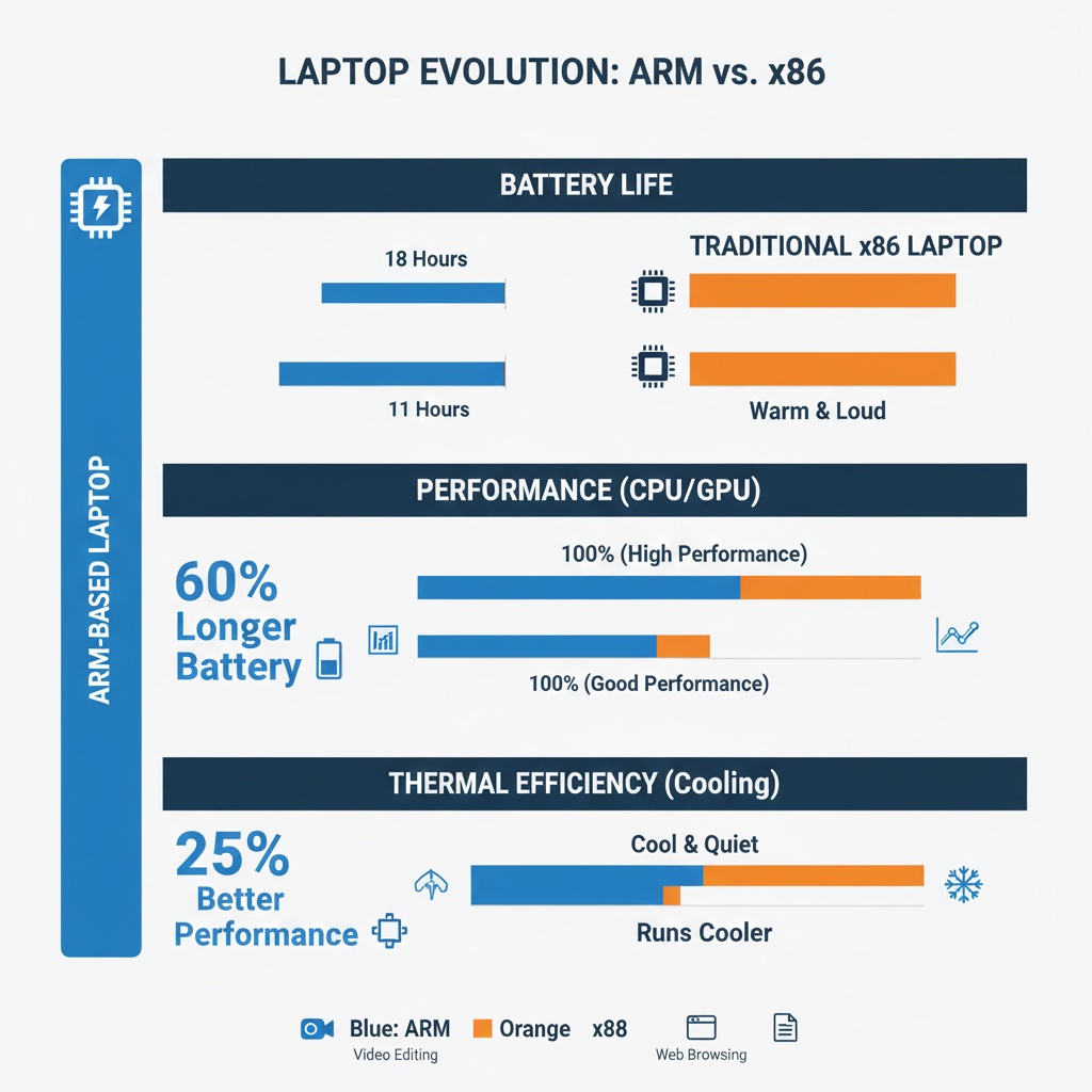 Battery life and performance comparison chart between ARM and x86 processors in 2026 laptops