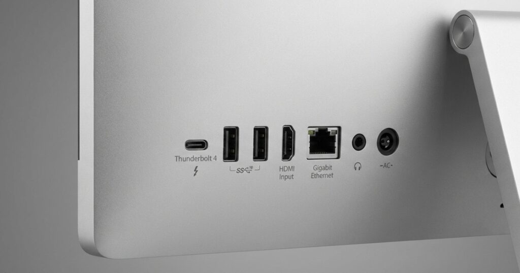 Close-up view of AIO computer ports showing USB, HDMI, and power connections