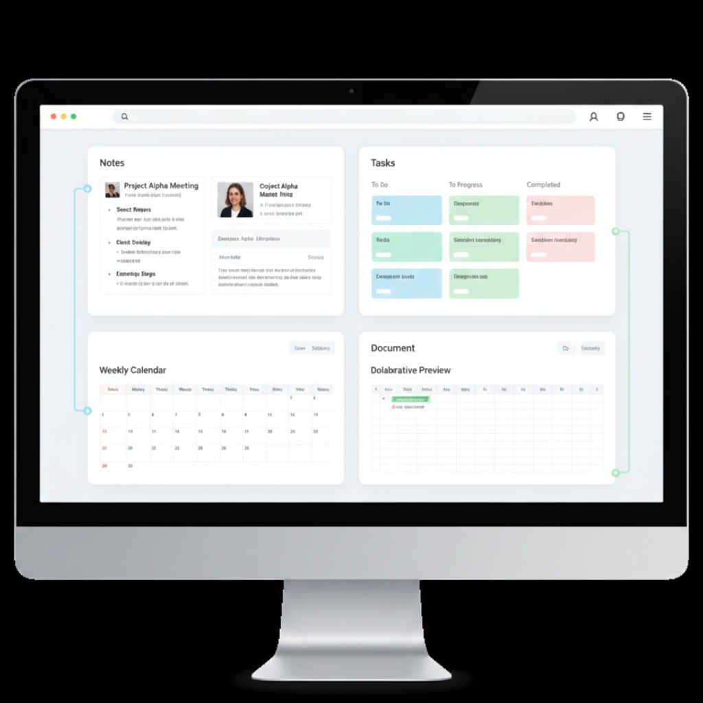 Unified productivity platform showing integrated notes, tasks, calendar, and documents in single interface