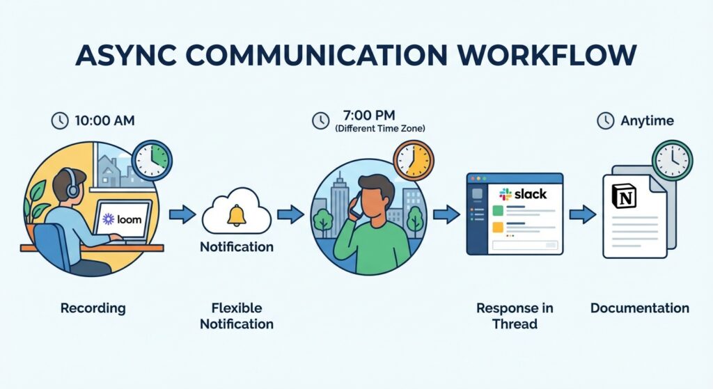 Illustration of async communication workflow using Loom video messages, Notion documentation, and Slack threads for remote teams