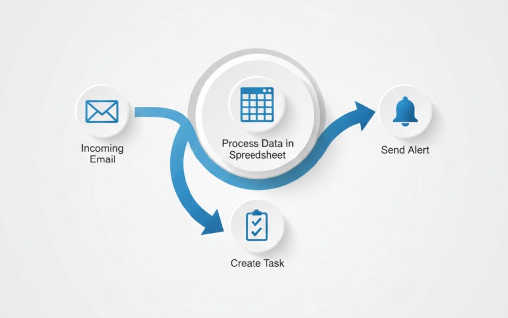Visual flowchart showing email automation process connecting to spreadsheet and notifications