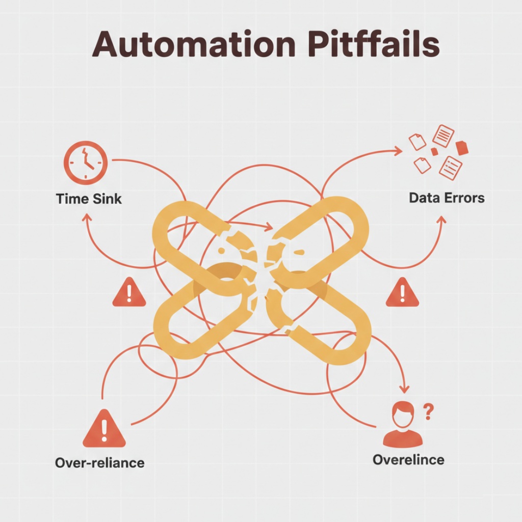 Illustrated warning signs showing common automation mistakes like over-complexity and broken dependencies