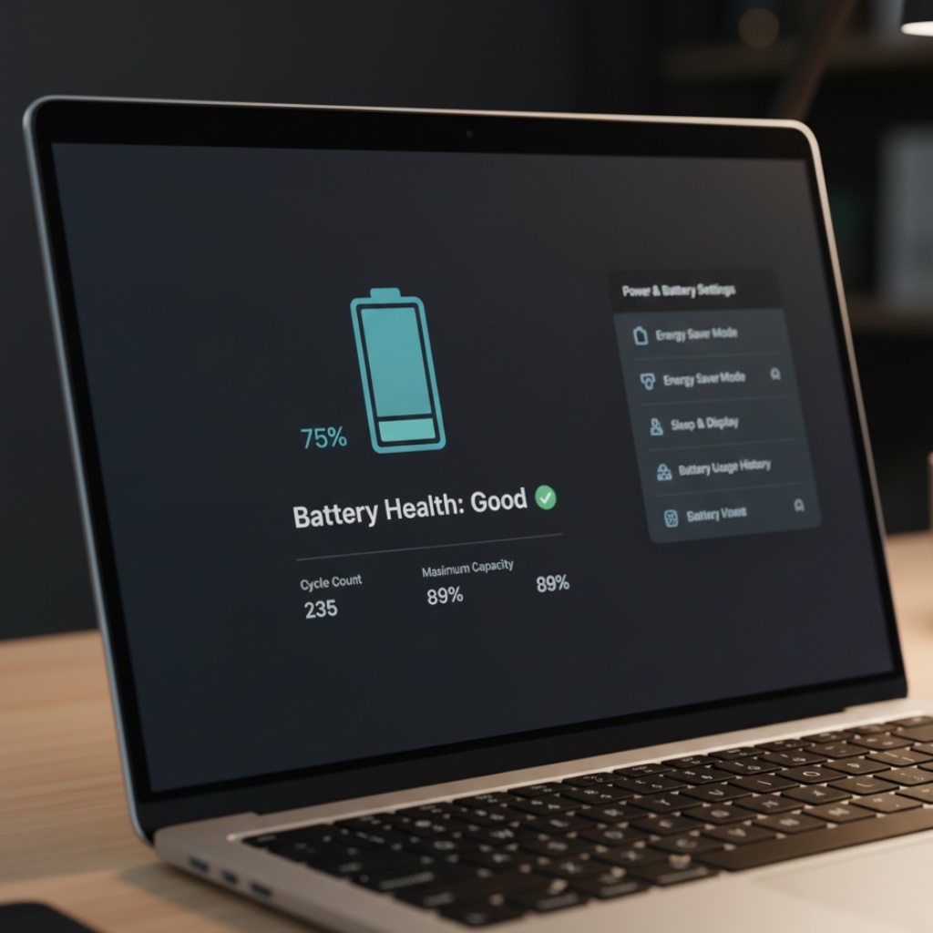 Laptop screen displaying battery health statistics and optimization settings