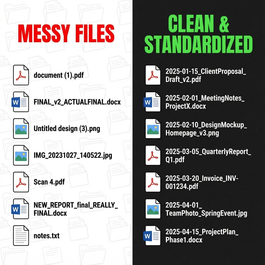 Comparison of poorly named files versus properly formatted file names