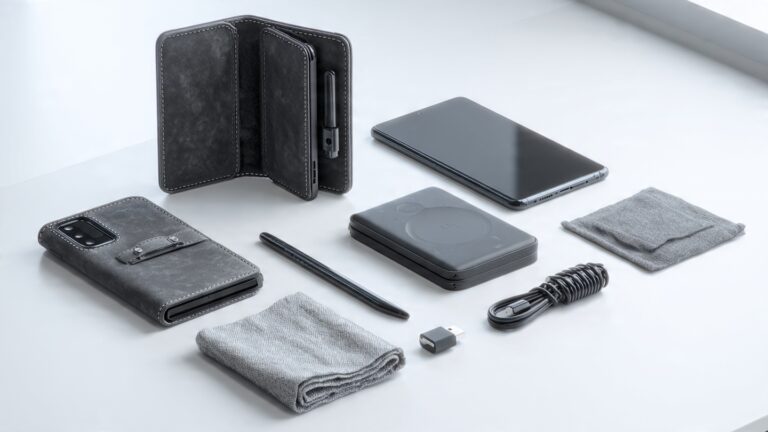 Collection of essential foldable smartphone accessories including protective case, screen protector, stylus, wireless charger, and cleaning kit arranged on a desk