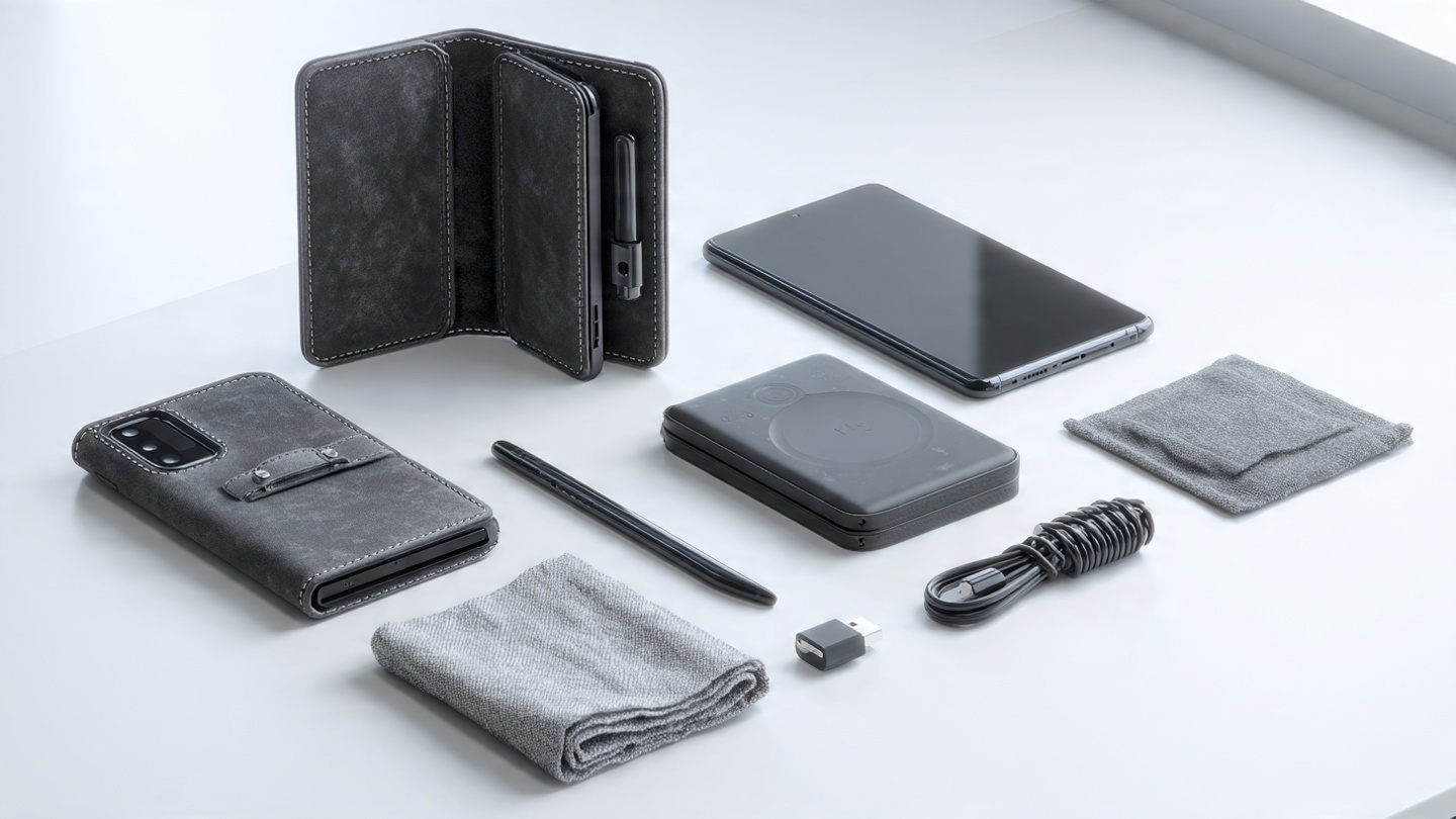 Collection of essential foldable smartphone accessories including protective case, screen protector, stylus, wireless charger, and cleaning kit arranged on a desk