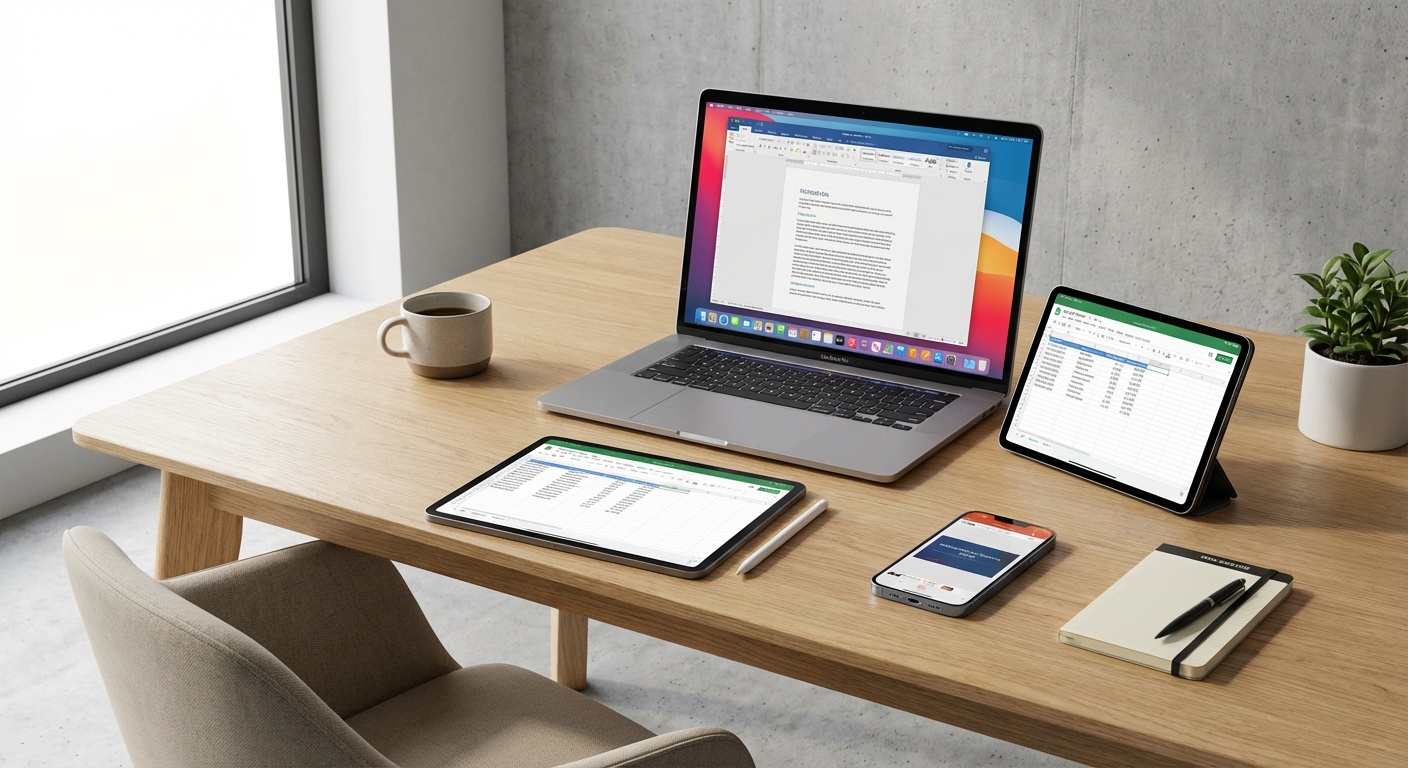Modern workspace with multiple devices showing different office suite software interfaces for productivity