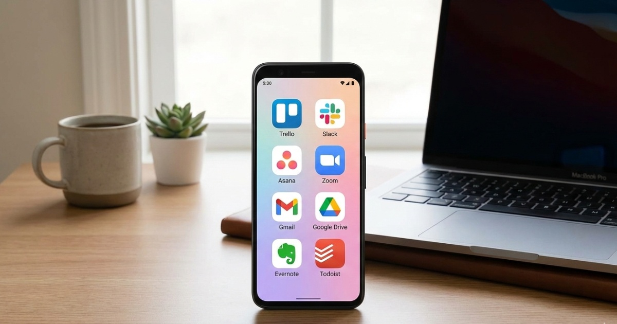 Modern smartphone displaying multiple productivity apps including task managers and note-taking tools on a minimalist desk setup