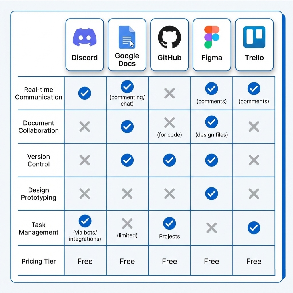 Infographic comparing top collaboration apps for student projects including Discord, Google Docs, and GitHub