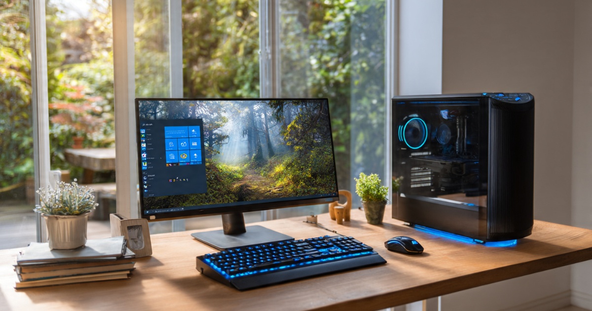 Affordable desktop computer with monitor, keyboard and mouse on clean workspace