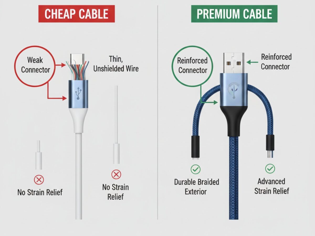 Visual comparison showing cheap versus quality charging cables with highlighted durability features