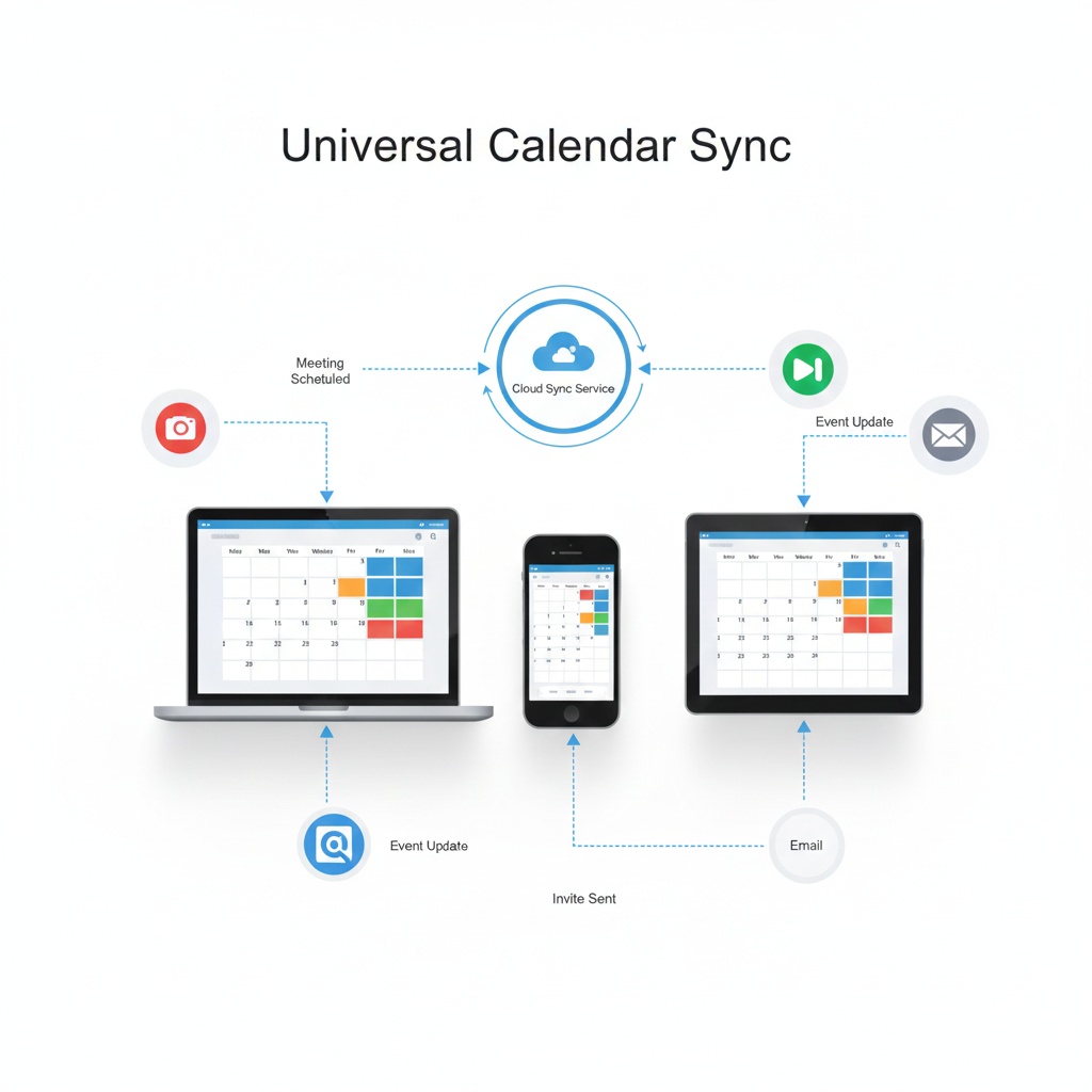 Illustration showing how calendar apps sync across devices and integrate with scheduling tools