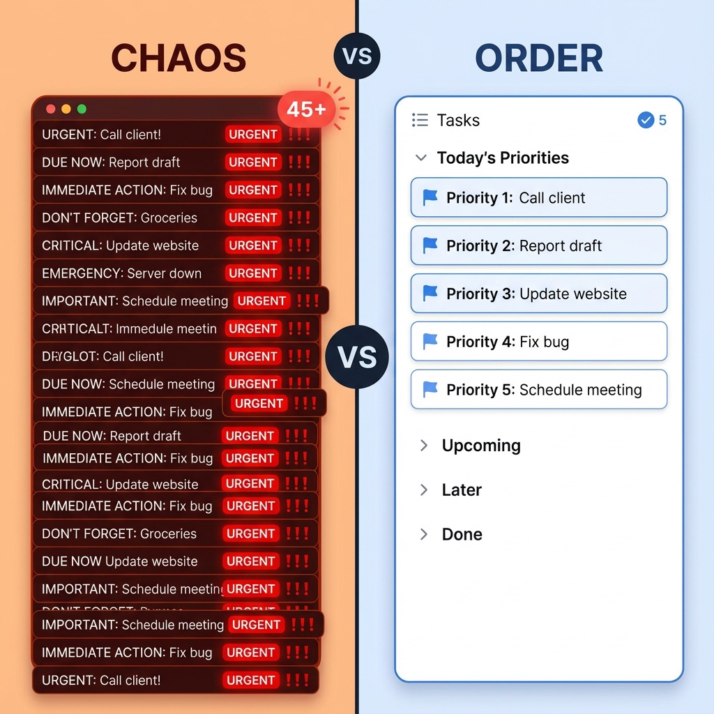 Split image showing messy unorganized task list on left and clean prioritized list on right