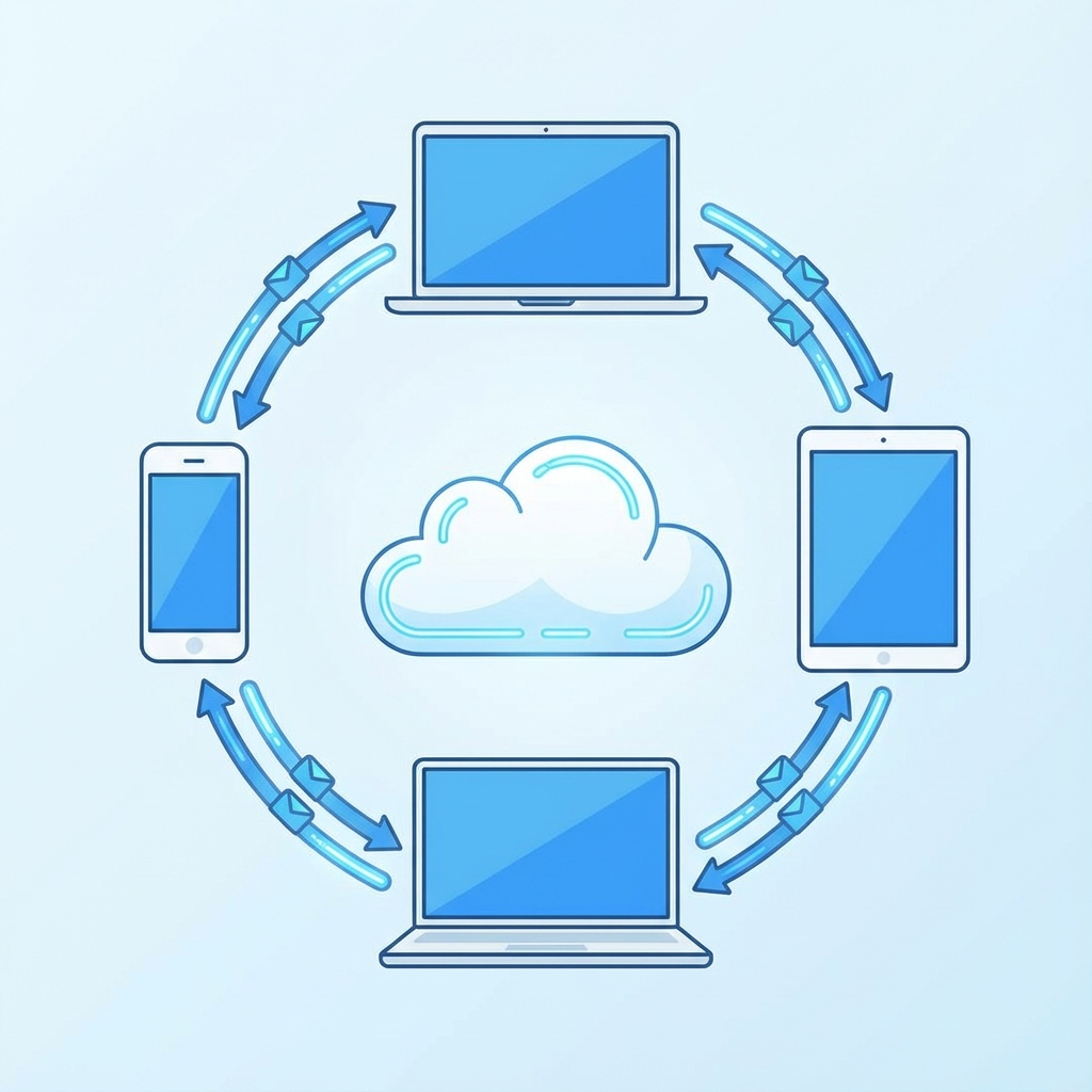 Illustration showing smartphone, laptop, and tablet with sync arrows connecting them to a cloud