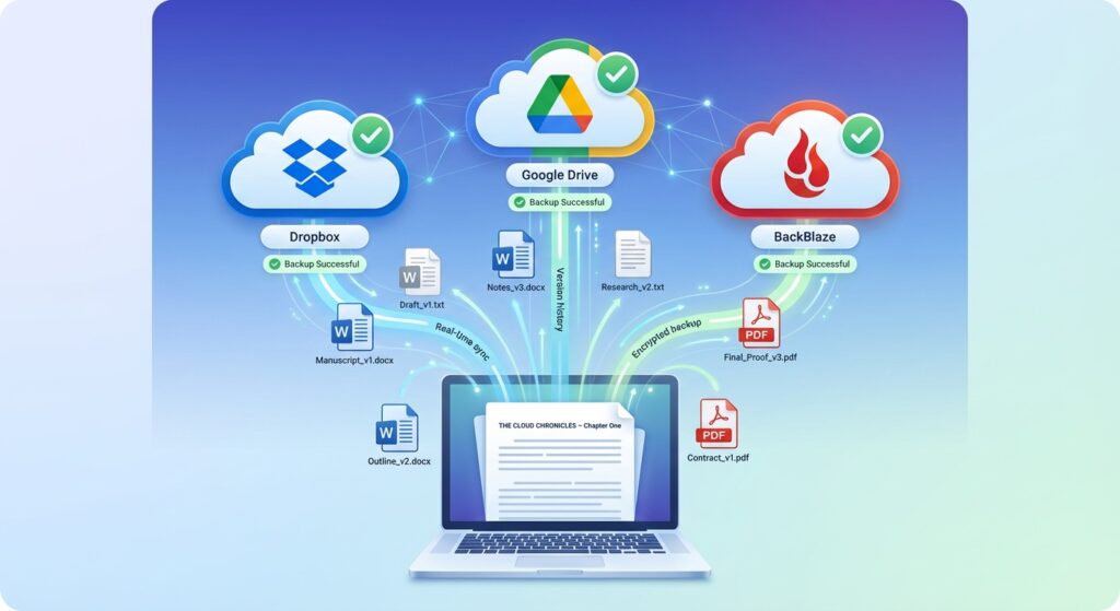 Visual representation of manuscript files being automatically backed up to multiple cloud storage services