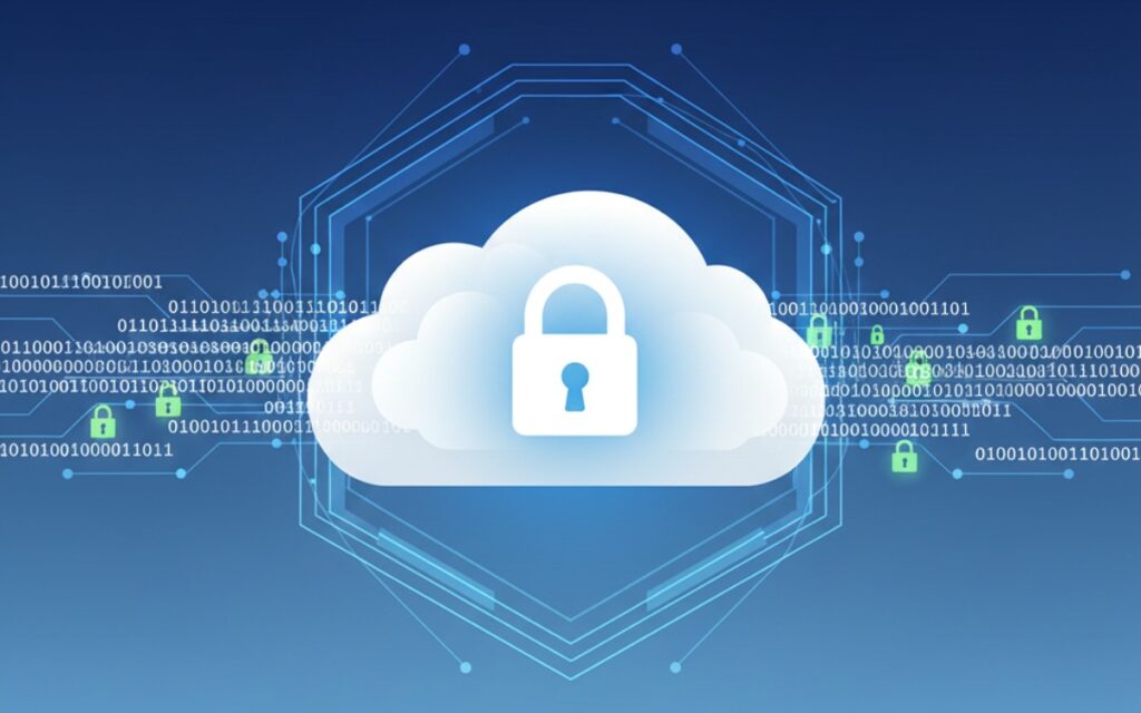 Illustration of secure cloud storage with padlock, encryption shields, and protected data streams representing file security