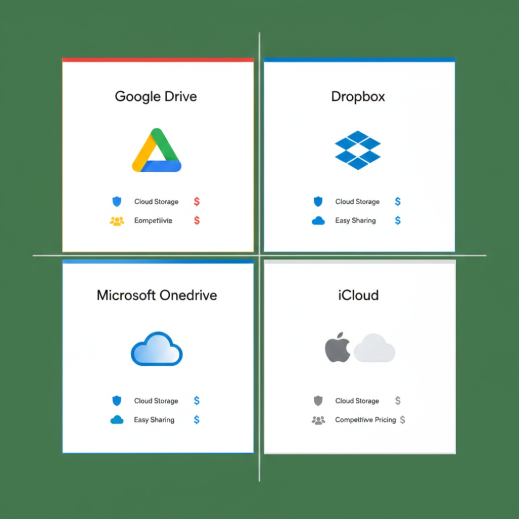 Comparison grid showing Google Drive, Dropbox, OneDrive and iCloud with their key features represented by icons