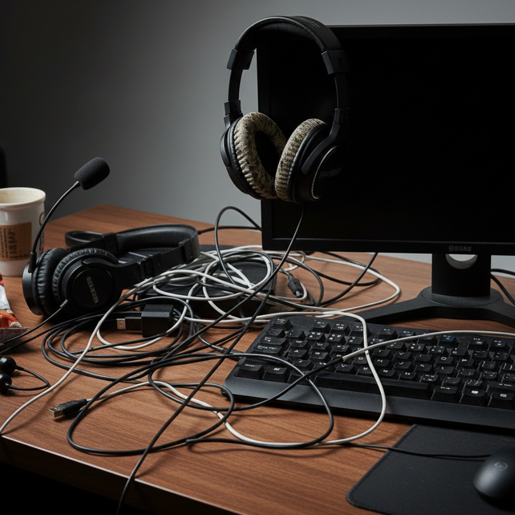 Messy desk workspace showing common headset organization mistakes with tangled cables