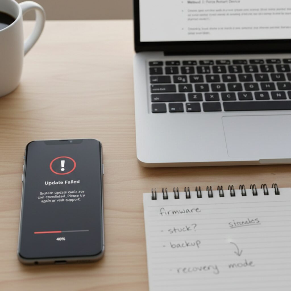 Smartphone with update error message on screen next to laptop showing troubleshooting steps