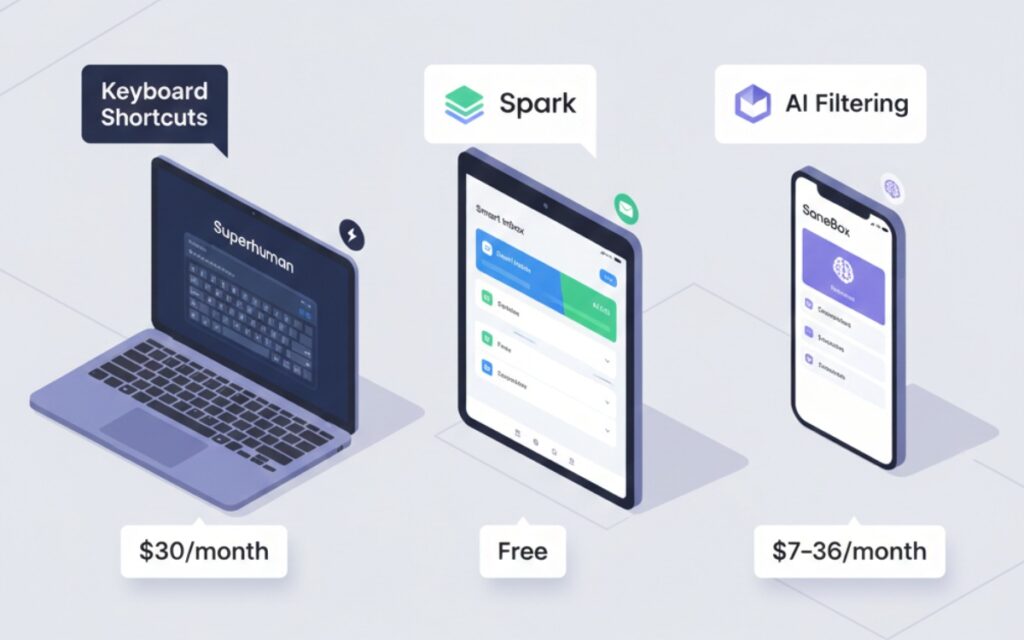 Side-by-side comparison of Superhuman, Spark, and SaneBox email management tools showing features, pricing, and interface differences