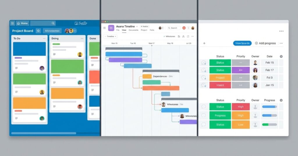 Side-by-side comparison showing Trello board, Asana timeline, and Monday.com workspace interfaces