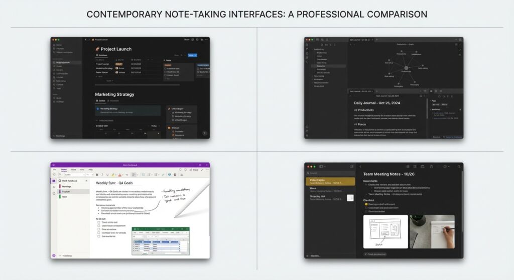 Side-by-side comparison of popular note-taking apps including Notion, Obsidian, and OneNote
