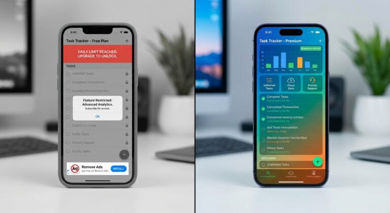 Side-by-side comparison showing free productivity app limitations versus premium features on mobile devices