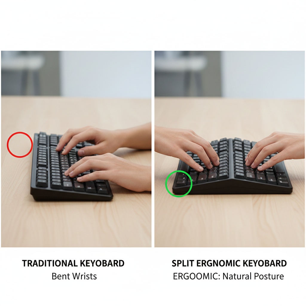 Side by side comparison showing hand position on regular keyboard versus split ergonomic keyboard demonstrating wrist angle differences