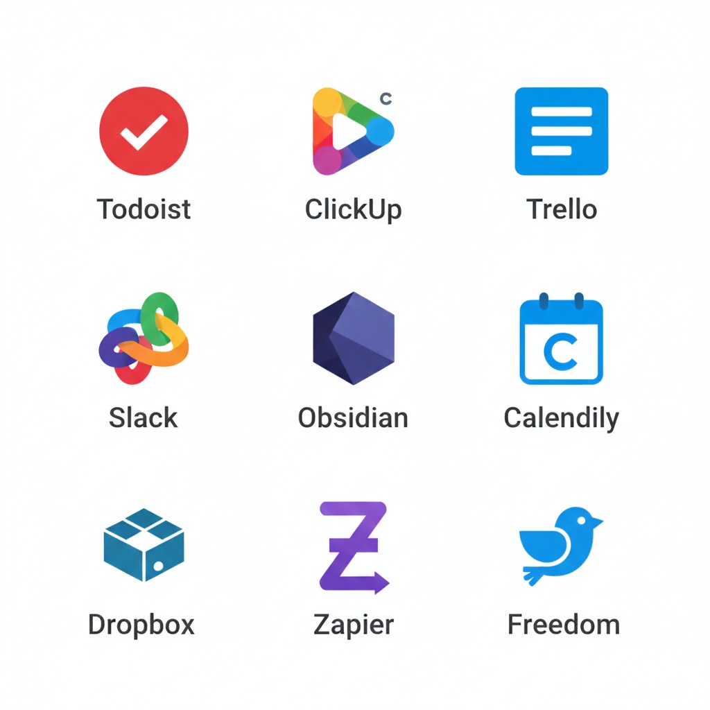 Collection of productivity app icons used by entrepreneurs including Todoist, Slack, Notion, Calendly, and Dropbox
