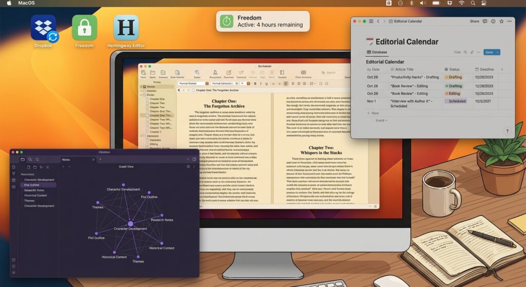 Multiple productivity apps open on desktop showing organized writing workflow and tools