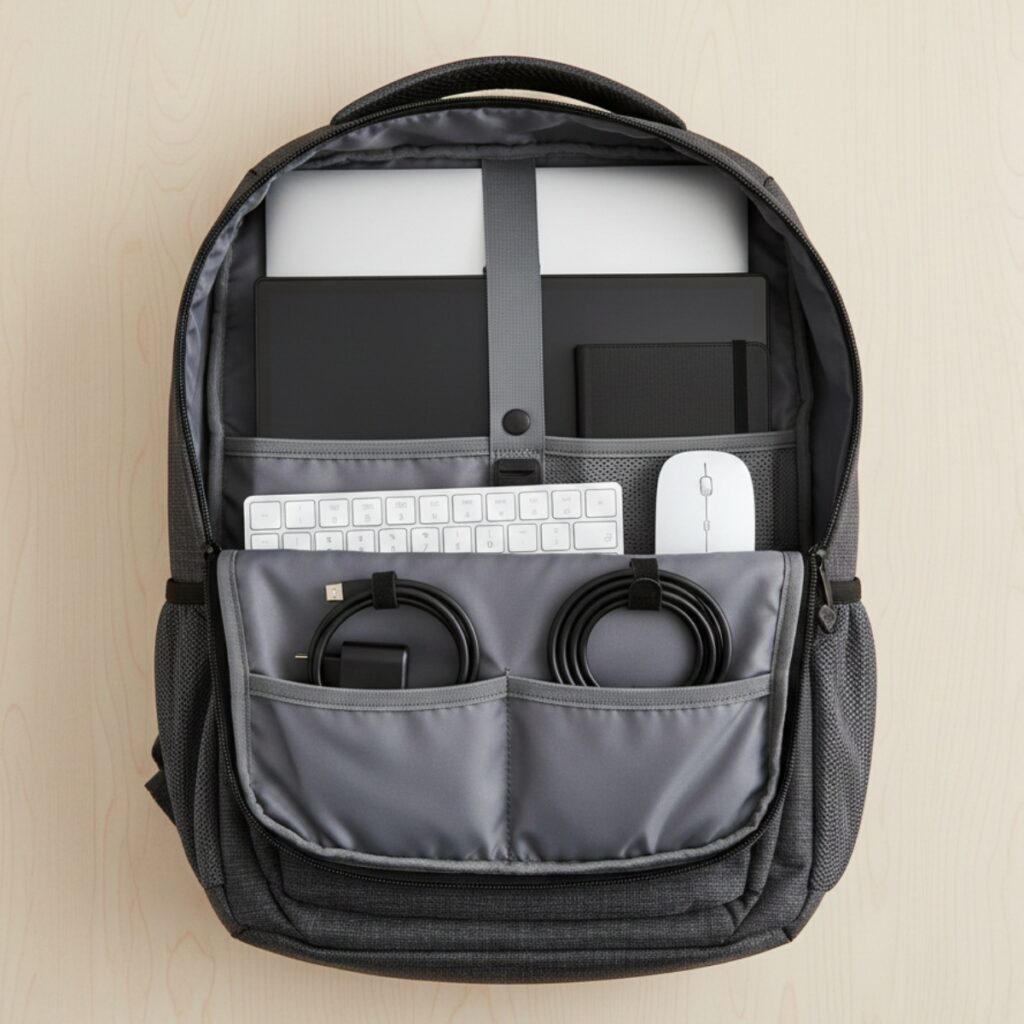Organized laptop backpack showing portable monitor, laptop, cables, and accessories neatly packed for travel