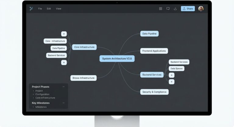 Digital mind mapping software showing interconnected nodes and branches for project planning