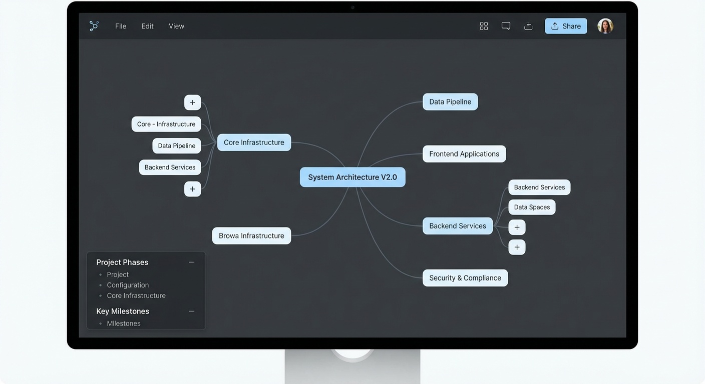 Digital mind mapping software showing interconnected nodes and branches for project planning