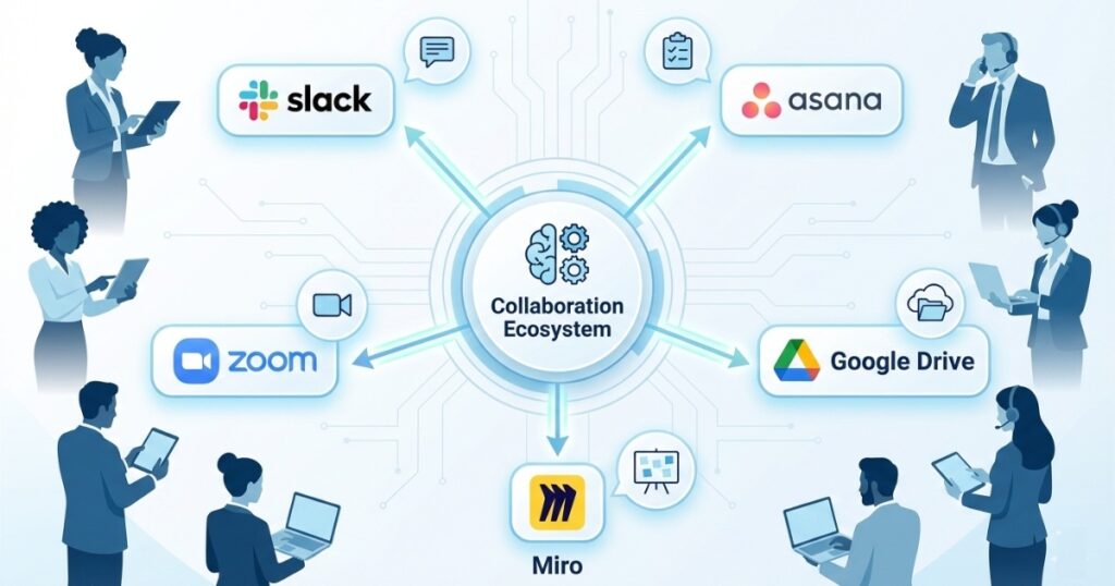 Diagram illustrating how different collaboration tools connect in a remote work environment