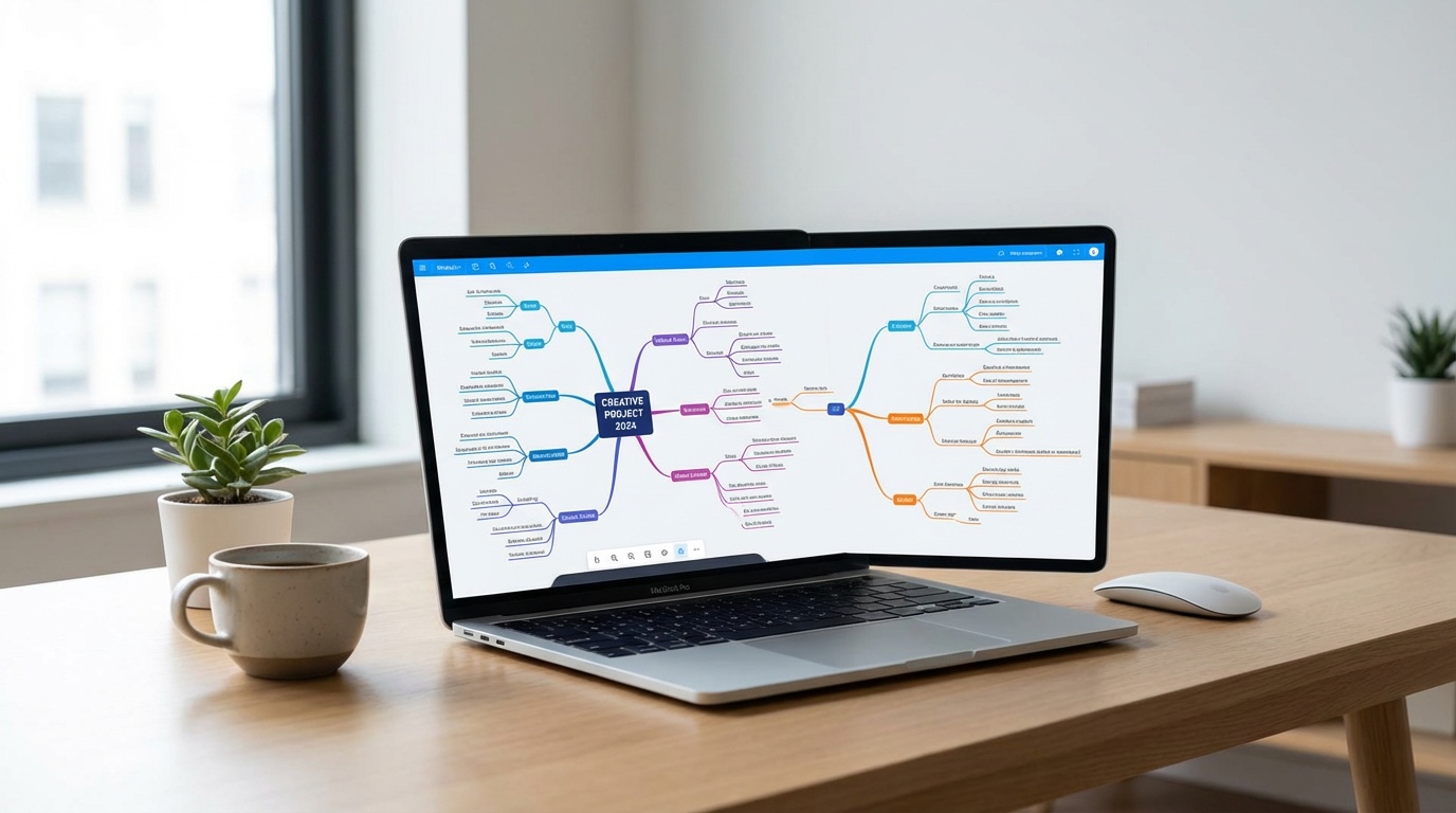 Modern digital workspace showing multiple mind mapping applications with colorful branching diagrams and creative brainstorming layouts