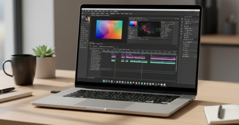 Designer using high-performance laptop for video editing and graphic design work with multiple creative applications displayed