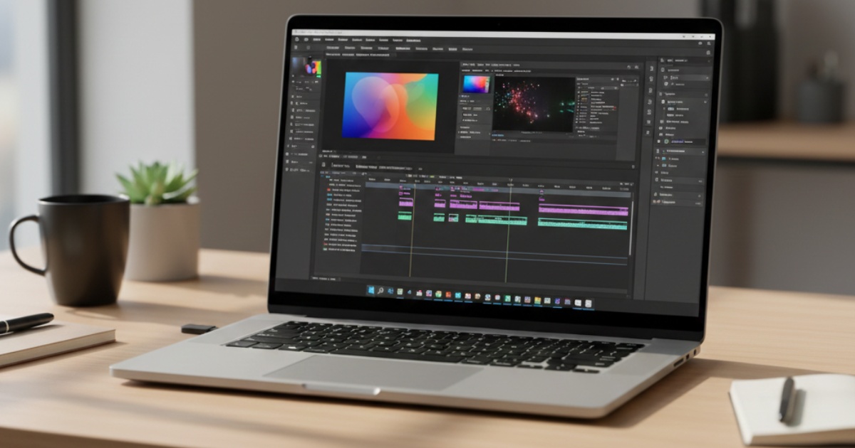 Designer using high-performance laptop for video editing and graphic design work with multiple creative applications displayed