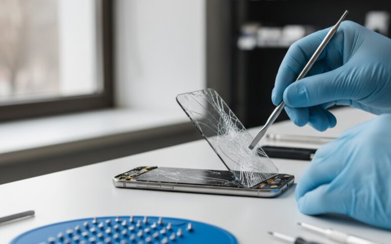 Person using precision screwdriver and plastic prying tools to carefully remove a cracked smartphone screen on a repair workstation with organized components
