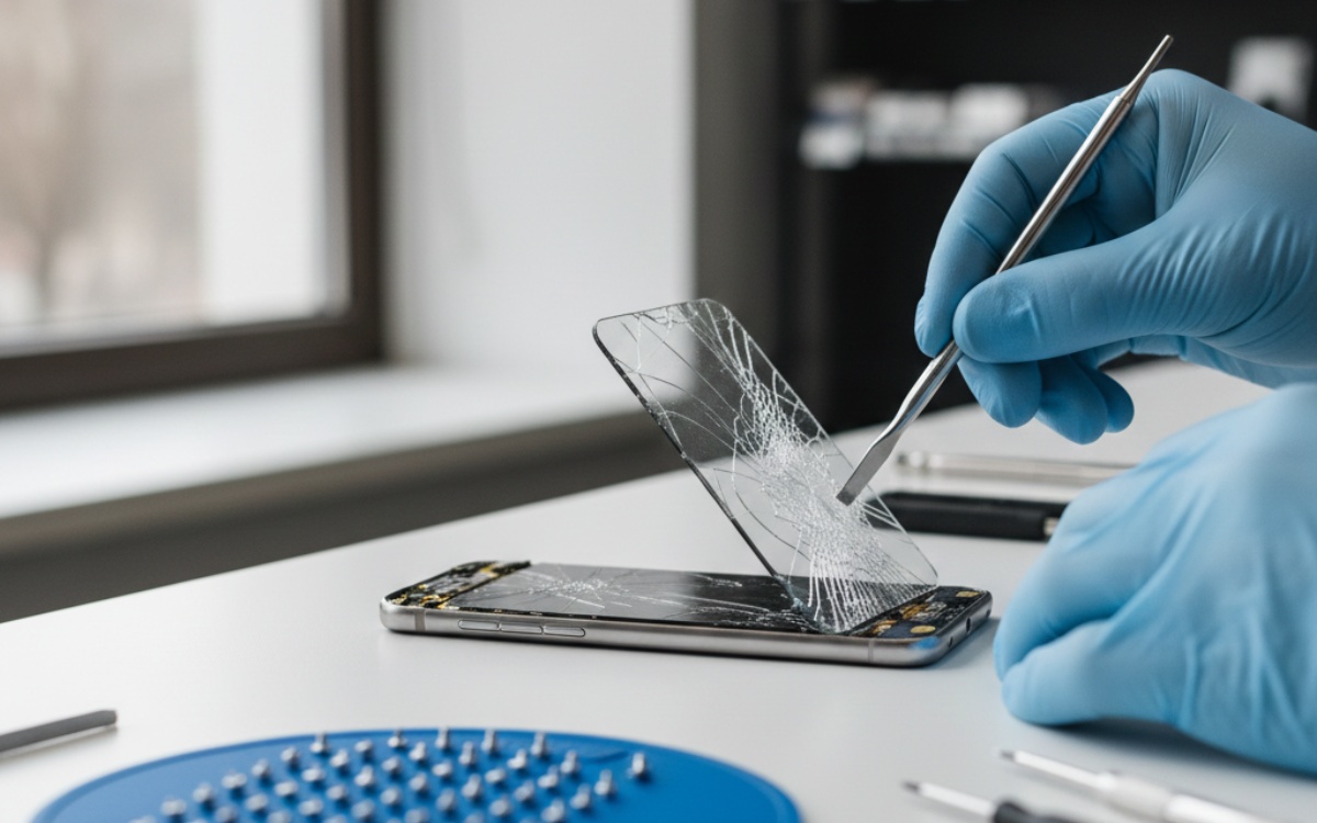 Person using precision screwdriver and plastic prying tools to carefully remove a cracked smartphone screen on a repair workstation with organized components