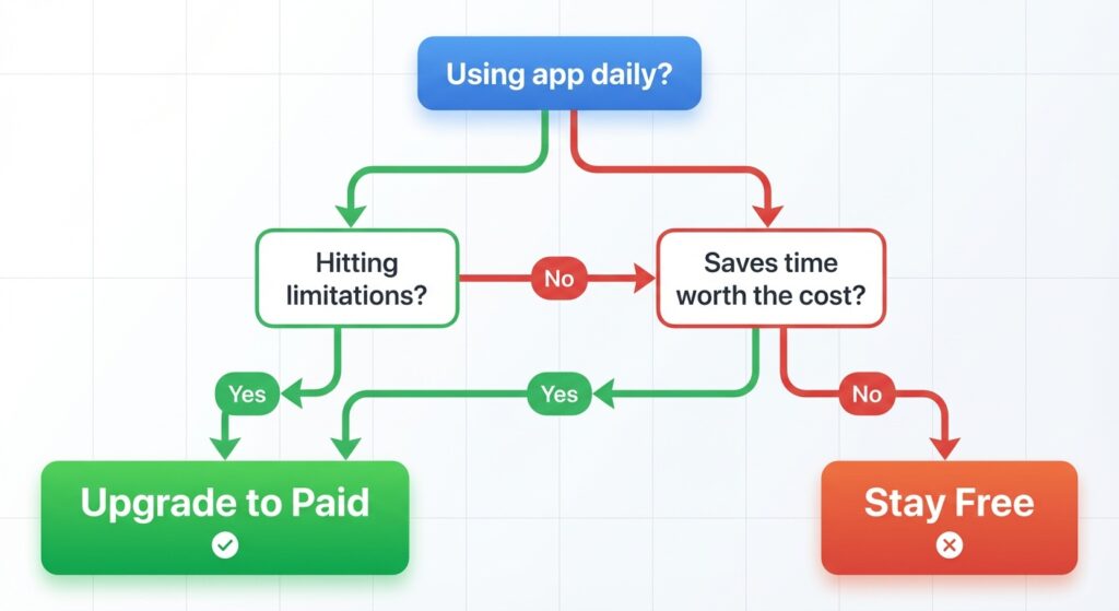 Visual flowchart guide helping users decide when to upgrade from free to paid productivity apps