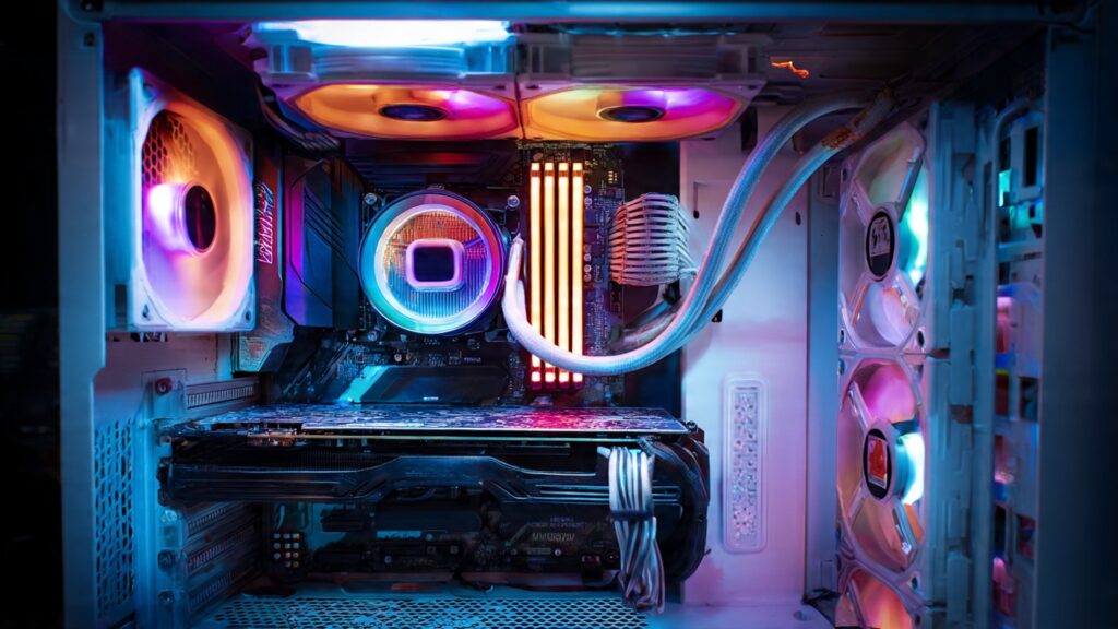 Inside view of desktop computer showing CPU, RAM, graphics card, and storage components clearly labeled