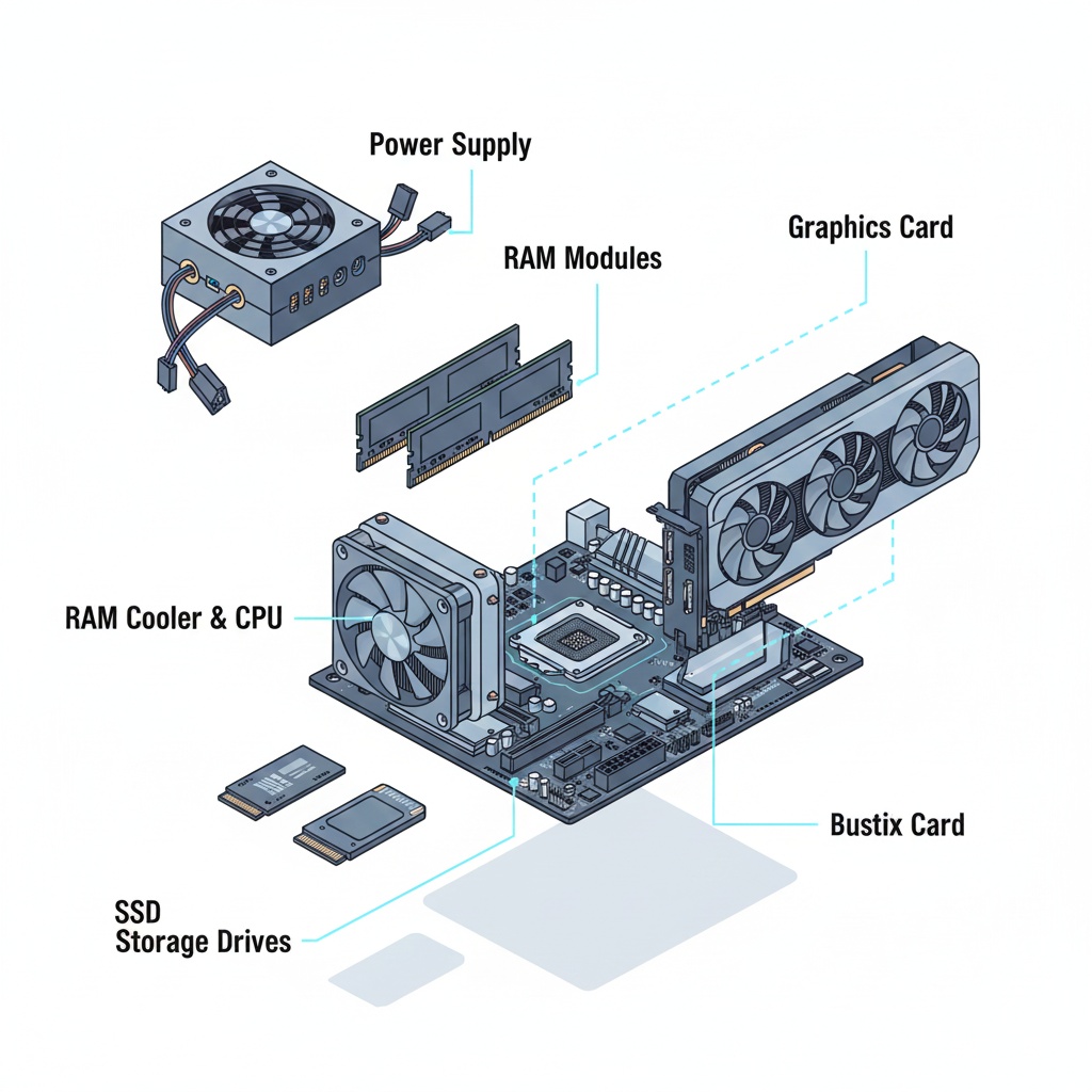 Exploded view of desktop PC components including GPU, RAM, storage drives, and power supply showing upgrade possibilities