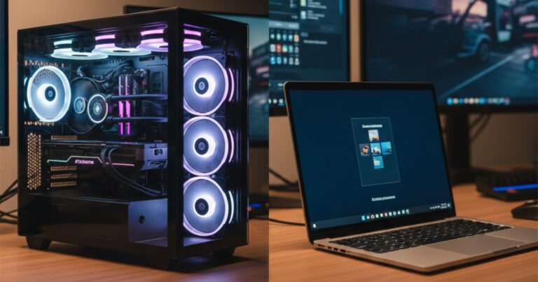 Modern desktop PC tower with RGB lighting next to slim laptop on wooden desk, both showing performance metrics on screen