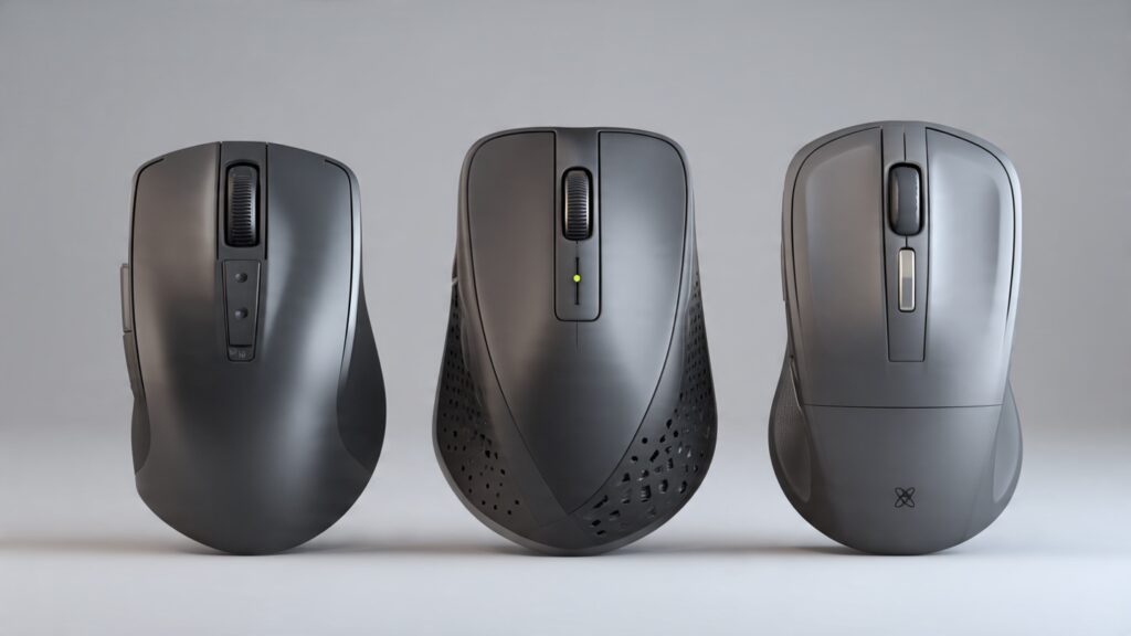 Side-by-side comparison of standard mouse, vertical ergonomic mouse, and gaming mouse showing different grip styles and use cases