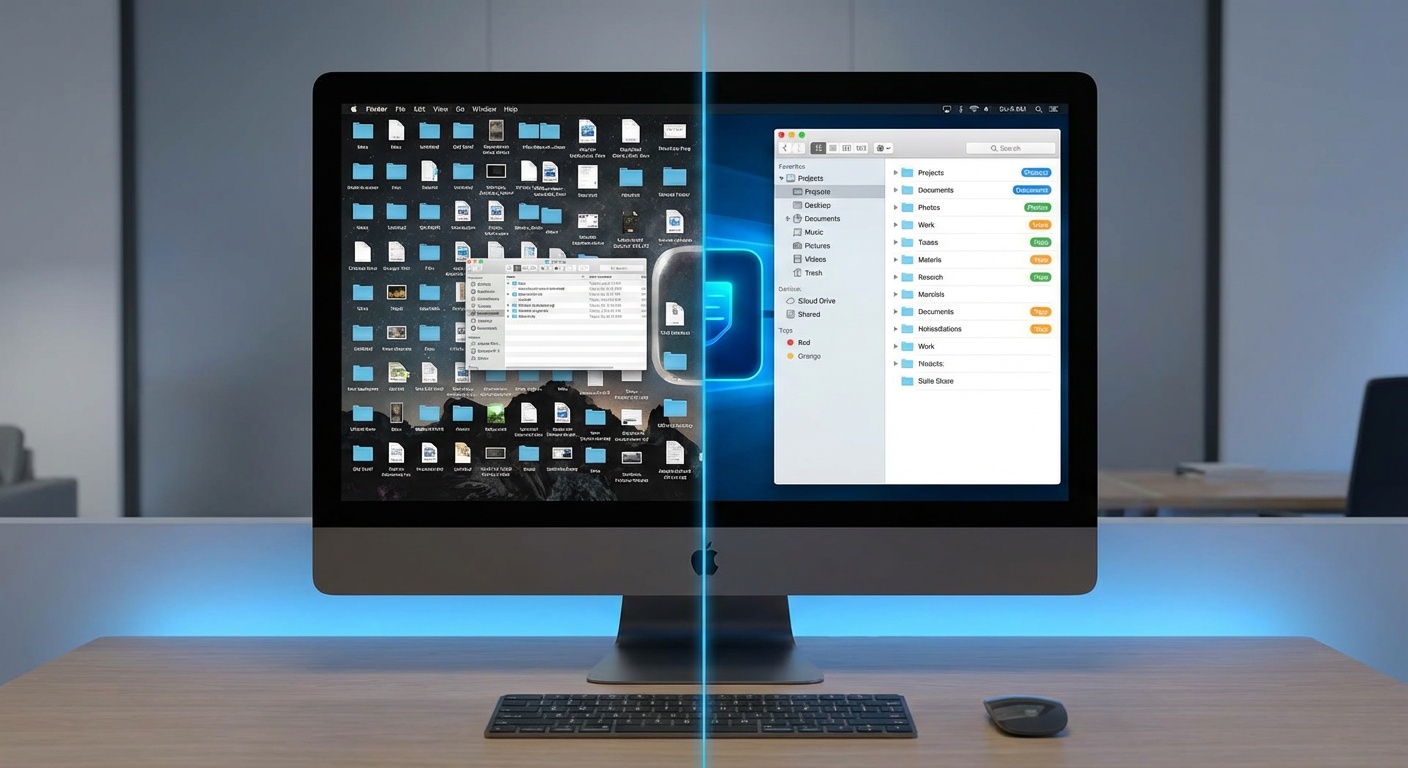Split screen showing messy desktop with scattered files on left, organized folder structure on right