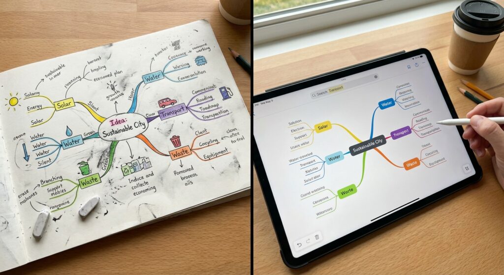 Side-by-side comparison showing paper mind map sketch next to organized digital mind map software