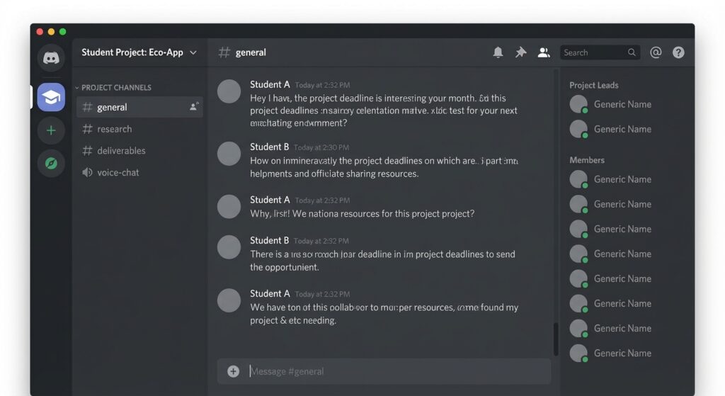 Discord app interface showing organized channels for student collaboration and project management