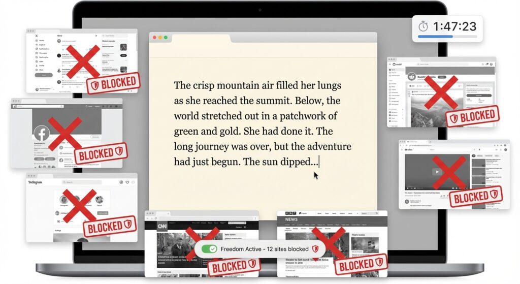 Writer using focus app with social media and distracting websites blocked, showing clean writing interface