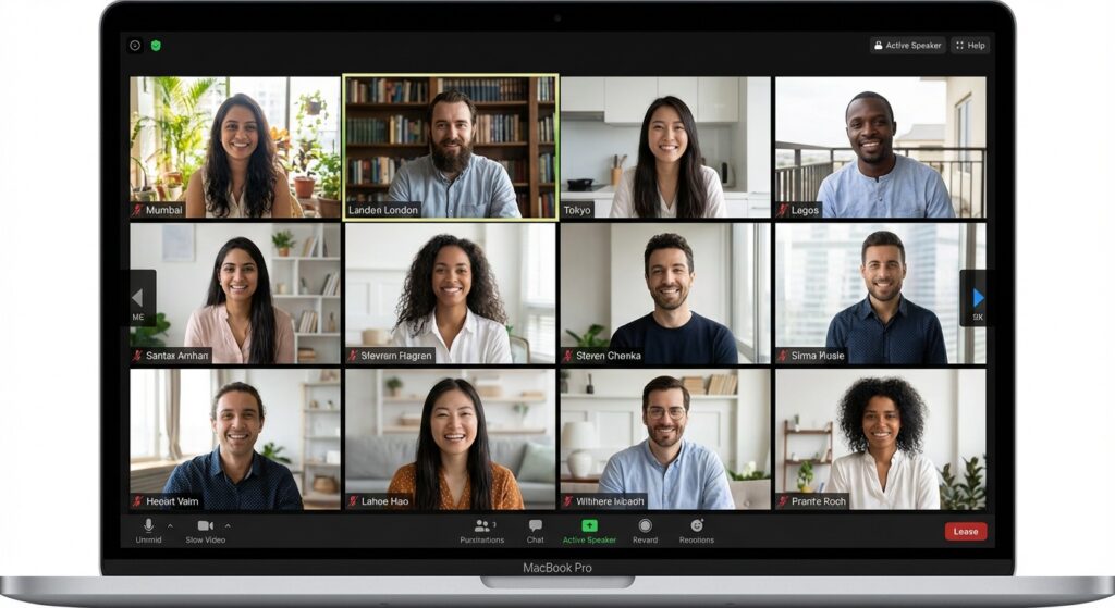 Remote team members connecting via video call from different locations worldwide showing diverse work environments